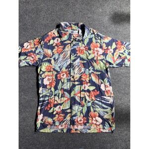 Untied Mens 100% Silk‎ Hawaiian Shirt Floral Tropical Short Sleeve Navy Blue M
